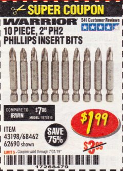 Harbor Freight Coupon WARRIOR 2 IN. PH2 PHILLIPS INSERT BITS, 10-PIECE Lot No. 62690 Expired: 7/31/19 - $1.99