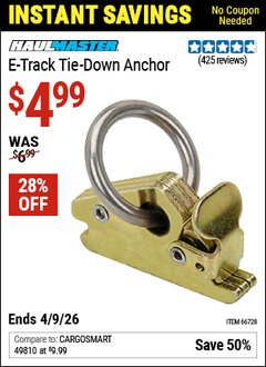 Harbor Freight Coupon HAUL-MASTER E-TRACK TIE-DOWN ANCHOR Lot No. 66728 EXPIRES: 4/9/26 - $4.99