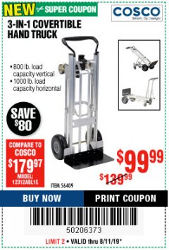 Harbor Freight Coupon COSCO 3-IN-1 CONVERTIBLE HAND TRUCK Lot No. 56409 Expired: 8/11/19 - $99.99