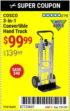 Harbor Freight Coupon COSCO 3-IN-1 CONVERTIBLE HAND TRUCK Lot No. 56409 Expired: 7/31/20 - $99.99