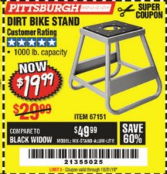 Harbor Freight Coupon PITTSBURGH 1000 LB. CAPACITY DIRT BIKE STAND Lot No. 67151 Expired: 9/21/19 - $19.99