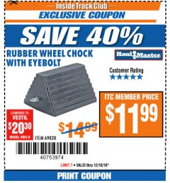 Harbor Freight ITC Coupon HAUL-MASTER WHEEL CHOCK WITH EYEBOLT Lot No. 69828 Expired: 12/18/18 - $11.99
