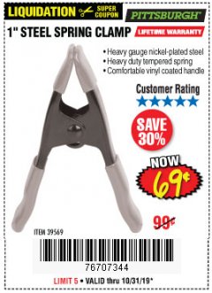 Harbor Freight Coupon PITTSBURGH 1 IN. STEEL SPRING CLAMP Lot No. 39569 Expired: 10/31/19 - $0.69