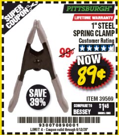 Harbor Freight Coupon PITTSBURGH 1 IN. STEEL SPRING CLAMP Lot No. 39569 Expired: 6/30/20 - $0.89