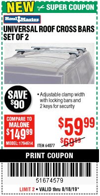 Harbor Freight Coupon HAUL-MASTER ROOFTOP CROSS BARS, SET OF 2 Lot No. 64877 Expired: 8/18/19 - $59.99