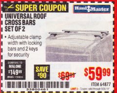 Harbor Freight Coupon HAUL-MASTER ROOFTOP CROSS BARS, SET OF 2 Lot No. 64877 Expired: 9/30/19 - $59.99
