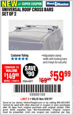 Harbor Freight Coupon HAUL-MASTER ROOFTOP CROSS BARS, SET OF 2 Lot No. 64877 Expired: 9/8/19 - $59.99