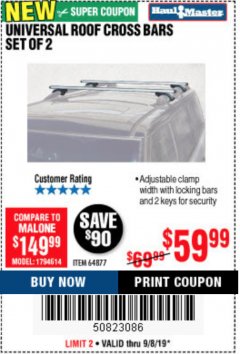 Harbor Freight Coupon HAUL-MASTER ROOFTOP CROSS BARS, SET OF 2 Lot No. 64877 Expired: 9/8/19 - $59.99