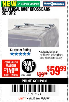 Harbor Freight Coupon HAUL-MASTER ROOFTOP CROSS BARS, SET OF 2 Lot No. 64877 Expired: 10/6/19 - $59.99