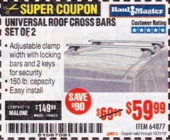 Harbor Freight Coupon HAUL-MASTER ROOFTOP CROSS BARS, SET OF 2 Lot No. 64877 Expired: 10/31/19 - $59.99