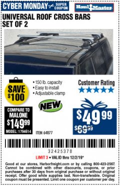 Harbor Freight Coupon HAUL-MASTER ROOFTOP CROSS BARS, SET OF 2 Lot No. 64877 Expired: 12/2/19 - $49.99