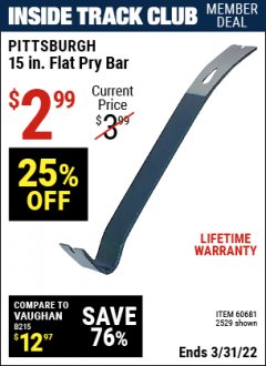 Harbor Freight ITC Coupon PITTSBURGH 15 IN. FLAT PRY BAR Lot No. 2529 Expired: 3/31/22 - $2.99