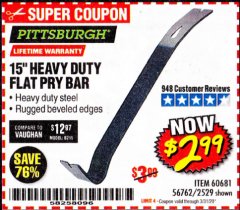 Harbor Freight Coupon PITTSBURGH 15 IN. FLAT PRY BAR Lot No. 2529 Expired: 3/31/20 - $2.99