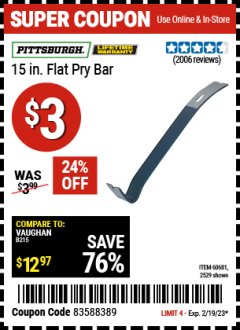 Harbor Freight Coupon PITTSBURGH 15 IN. FLAT PRY BAR Lot No. 2529 Expired: 2/19/23 - $3