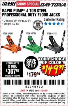Harbor Freight Coupon DAYTONA 4 TON PROFESSIONAL FLOOR JACK WITH RAPID PUMP Lot No. 56640/64201/64782/64786 Expired: 11/24/19 - $149.99