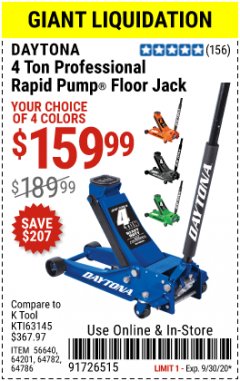 Harbor Freight Coupon DAYTONA 4 TON PROFESSIONAL FLOOR JACK WITH RAPID PUMP Lot No. 56640/64201/64782/64786 Expired: 9/30/20 - $159.99