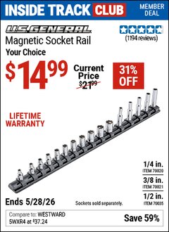 Harbor Freight Coupon U.S. GENERAL MAGNETIC SOCKET RAIL Lot No. 70020/70021/70035 Valid: 12/31/69 - 5/28/26 - $14.99