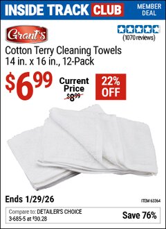 Harbor Freight ITC Coupon GRANT'S COTTON TERRY CLEANING TOWELS 14 IN. X 16 IN., 12-PACK Lot No. 63364 Dates Valid: 12/31/69 - 1/29/26 - $6.99
