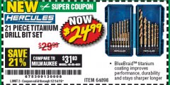 Harbor Freight Coupon HERCULES IMPACT-RATED HEX TITANIUM DRILL BIT SET, 21-PIECE Lot No. 64898 Expired: 12/14/19 - $24.99