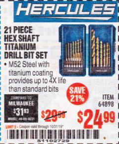 Harbor Freight Coupon HERCULES IMPACT-RATED HEX TITANIUM DRILL BIT SET, 21-PIECE Lot No. 64898 Expired: 10/31/19 - $24.99