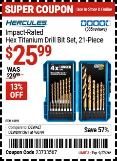 Harbor Freight Coupon HERCULES IMPACT-RATED HEX TITANIUM DRILL BIT SET, 21-PIECE Lot No. 64898 Valid Thru: 9/27/26 - $25.99