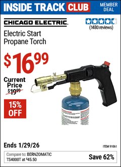 Harbor Freight ITC Coupon CHICAGO ELECTRIC ELECTRIC START PROPANE TORCH Lot No. 91061 Dates Valid: 12/31/69 - 1/29/26 - $16.99