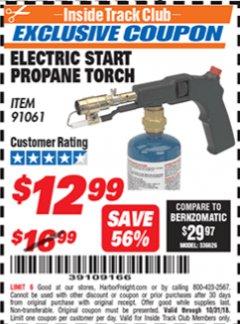Harbor Freight ITC Coupon CHICAGO ELECTRIC ELECTRIC START PROPANE TORCH Lot No. 91061 Expired: 10/31/18 - $12.99