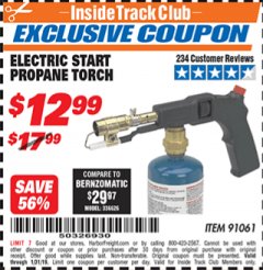 Harbor Freight ITC Coupon CHICAGO ELECTRIC ELECTRIC START PROPANE TORCH Lot No. 91061 Expired: 1/31/19 - $12.99