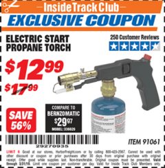 Harbor Freight ITC Coupon CHICAGO ELECTRIC ELECTRIC START PROPANE TORCH Lot No. 91061 Expired: 3/31/19 - $12.99