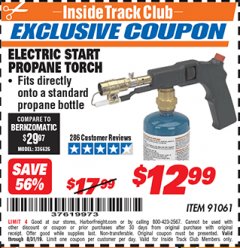 Harbor Freight ITC Coupon CHICAGO ELECTRIC ELECTRIC START PROPANE TORCH Lot No. 91061 Expired: 8/31/19 - $12.99