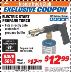 Harbor Freight ITC Coupon CHICAGO ELECTRIC ELECTRIC START PROPANE TORCH Lot No. 91061 Expired: 10/31/19 - $12.99