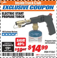 Harbor Freight ITC Coupon CHICAGO ELECTRIC ELECTRIC START PROPANE TORCH Lot No. 91061 Expired: 3/31/20 - $14.99