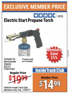Harbor Freight ITC Coupon CHICAGO ELECTRIC ELECTRIC START PROPANE TORCH Lot No. 91061 Expired: 1/28/21 - $14.99