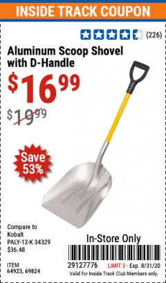 Harbor Freight ITC Coupon ONE STOP GARDENS ALUMINUM SCOOP SHOVEL WITH D-HANDLE Lot No. 64923 Expired: 8/31/20 - $16.99