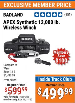 Harbor Freight ITC Coupon BADLAND APEX 12,000 LB. WINCH WITH SYNTHETIC ROPE AND WIRELESS REMOTE Lot No. 56385 Expired: 10/31/20 - $499.99