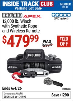Harbor Freight ITC Coupon BADLAND APEX 12,000 LB. WINCH WITH SYNTHETIC ROPE AND WIRELESS REMOTE Lot No. 56385 Expired: 6/4/26 - $479.99