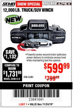 Harbor Freight Coupon BADLAND APEX 12,000 LB. WINCH WITH SYNTHETIC ROPE AND WIRELESS REMOTE Lot No. 56385 Expired: 11/24/19 - $599.99