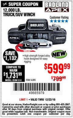 Harbor Freight Coupon BADLAND APEX 12,000 LB. WINCH WITH SYNTHETIC ROPE AND WIRELESS REMOTE Lot No. 56385 Expired: 12/22/19 - $599.99