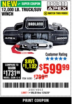 Harbor Freight Coupon BADLAND APEX 12,000 LB. WINCH WITH SYNTHETIC ROPE AND WIRELESS REMOTE Lot No. 56385 Expired: 1/26/20 - $599.99