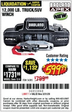 Harbor Freight Coupon BADLAND APEX 12,000 LB. WINCH WITH SYNTHETIC ROPE AND WIRELESS REMOTE Lot No. 56385 Expired: 3/31/20 - $599.99
