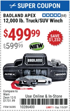 Harbor Freight Coupon BADLAND APEX 12,000 LB. WINCH WITH SYNTHETIC ROPE AND WIRELESS REMOTE Lot No. 56385 Expired: 7/5/20 - $499.99