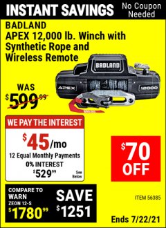 Harbor Freight Coupon BADLAND APEX 12,000 LB. WINCH WITH SYNTHETIC ROPE AND WIRELESS REMOTE Lot No. 56385 Expired: 7/22/21 - $529.99