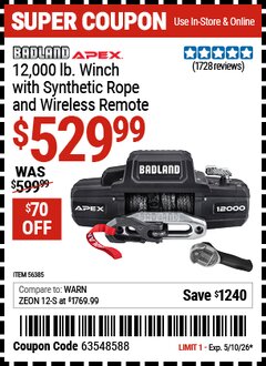 Harbor Freight Coupon BADLAND APEX 12,000 LB. WINCH WITH SYNTHETIC ROPE AND WIRELESS REMOTE Lot No. 56385 Expired: 5/10/26 - $529.99