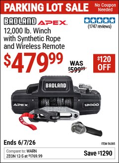 Harbor Freight Coupon BADLAND APEX 12,000 LB. WINCH WITH SYNTHETIC ROPE AND WIRELESS REMOTE Lot No. 56385 Expired: 6/7/26 - $479.99