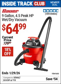 Harbor Freight ITC Coupon BAUER 9 GALLON, 4.5 PEAK HP WET/DRY VACUUM Lot No. 56202 Dates Valid: 12/31/69 - 1/29/26 - $64.99
