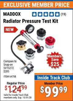 Harbor Freight ITC Coupon MADDOX RADIATOR PRESSURE TEST KIT Lot No. 64758 Expired: 10/31/20 - $99.99