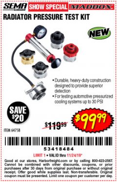 Harbor Freight Coupon MADDOX RADIATOR PRESSURE TEST KIT Lot No. 64758 Expired: 11/24/19 - $99.99