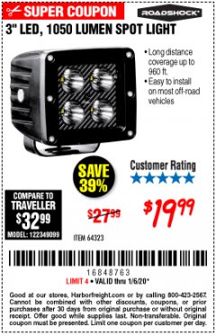 Harbor Freight Coupon ROADSHOCK 3 IN. LED LIGHT Lot No. 64323/64322 Expired: 1/6/20 - $19.99