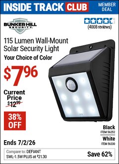 Harbor Freight ITC Coupon BUNKER HILL SECURITY 115 LUMEN WALL-MOUNT SOLAR SECURITY LIGHT Lot No. 56252/56330 Dates Valid: 12/31/69 - 7/2/26 - $7.96