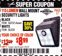 Harbor Freight Coupon BUNKER HILL SECURITY 115 LUMEN WALL-MOUNT SOLAR SECURITY LIGHT Lot No. 56252/56330 Expired: 2/29/20 - $8.99